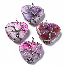 Natural Agate Pendants, Dyed, with Platinum Brass Findings, Rack Plating, Heart, 38~40x32.5~34x11mm, Hole: 3~5mm(G-Q998-016)