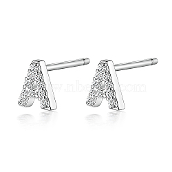 Anti-Tarnish Rhodium Plated 925 Sterling Silver Initial Letter Stud Earrings, with Cubic Zirconia, Platinum, Letter A, 5x5mm(HI8885-01)