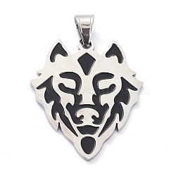 304 Stainless Steel Pendants, with Enamel, Tiger Head, Black, Stainless Steel Color, 40x34x2mm, Hole: 5x8mm(STAS-F273-01P)