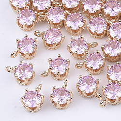 Transparent Glass Charms, with Brass Findings, Faceted, Crown, Light Gold, Pearl Pink, 8.5x6x5mm, Hole: 1mm(GLAA-T007-17E)