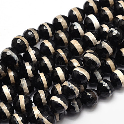 Tibetan Style Striped Pattern dZi Beads Strands, Faceted Natural Agate Round Beads, Black, 8mm, Hole: 1mm, about 46pcs/strand, 15.4 inch(TDZI-O005-10F-8mm)