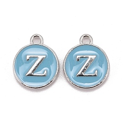 Platinum Plated Alloy Enamel Charms, Cadmium Free & Lead Free, Enamelled Sequins, Flat Round with Letter, Sky Blue, Letter.Z, 14x12x2mm, Hole: 1.5mm(ENAM-S118-04Z-P)