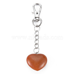 Natural Red Aventurine Keychain, with Brass Lobster Claw Clasps and Iron Chains, Heart, Platinum, 80~86mm(G-S299-133H)
