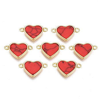 Brass Connector Charms, with Synthetic Turquoise, Cadmium Free & Nickel Free & Lead Free, Real 18K Gold Plated, Heart, Red, 10x17x3mm, Hole: 1.4mm