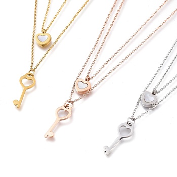 304 Stainless Steel Double Layer Necklaces, with Natural White Shell and Lobster Claw Clasps, Heart Key with Heart, Mixed Color, 16-1/2 inch(42cm)