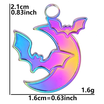 304 Stainless Steel Pendants, Moon with Bat Charm, Rainbow Color, 21x16mm