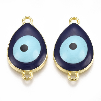 Alloy Links connectors, with Enamel, Teardrop with Evil Eye, Light Gold, Midnight Blue, 26x15x5mm, Hole: 1.8mm