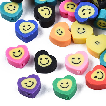 Handmade Polymer Clay Beads, Heart with Smile, Mixed Color, 8.5~9.5x9.5x3~5mm, Hole: 1.4mm