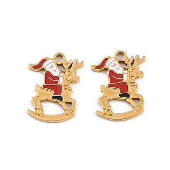 304 Stainless Steel Enamel Pendants, Santa Claus with Deer Charms, Ion Plating(IP), Golden, 16x12.5x1.5mm, Hole: 1.6mm