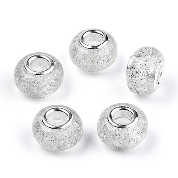 Epoxy Resin European Beads, Large Hole Beads, with Glitter Powder and Platinum Tone Brass Double Cores, Rondelle, Light Grey, 14x9mm, Hole: 5mm