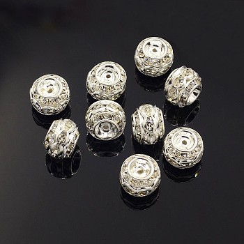 Brass Rhinestone Beads, Grade A, Silver Color Plated, Clear, Barrel, about 10mm in diameter, 9mm long, hole: 1.5mm