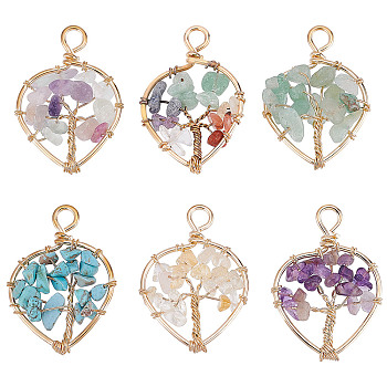 6Pcs 6 Styles Natural & Synthetic Gemstone Chip Pendants, with Golden Tone Brass Wire Wrapped, Heart with Tree, 37~38.5x26~27x5.5~7.5mm, Hole: 4mm, 1pc/style