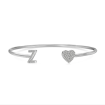 Anti-Tarnish Heart & Letter Rhodium Plated 925 Sterling Silver Micro Pave Cubic Zirconia Cuff Bangles for Women, Letter Z, 0.2~0.8cm, Inner Diameter: 1-7/8x2-1/4 inch(4.85x5.65cm)