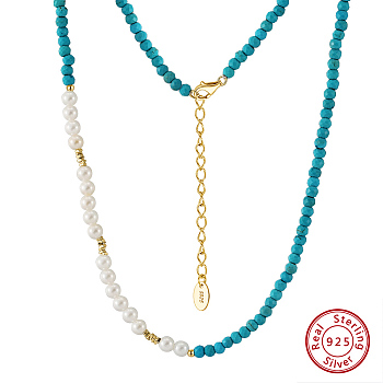 Faceted Round Natural Turquoise & Shell Pearl Beaded Necklaces, with 925 Sterling Silver End Chains, Real 14K Gold Plated, 15.75 inch(40cm)