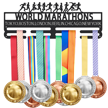 Fashion Iron Medal Hanger Holder Display Wall Rack, with Screws, Word World Marathons, Sports Themed Pattern, 150x400mm