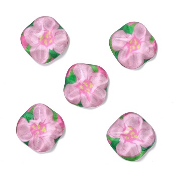 Oil Painting Style Resin Cabochons, Square with Flower, Pink, 24.5x24.5x8.5mm