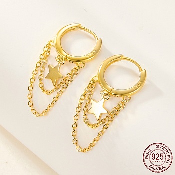 925 Sterling Silver Star & Chains Tassel Dangle Hoop Earrings for Women, Real 18K Gold Plated, 29x12mm