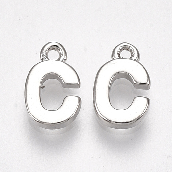 Brass Charms, Letter, Nickel Free, Real Platinum Plated, Letter.C, 8~8.5x5x1.5mm, Hole: 0.8mm