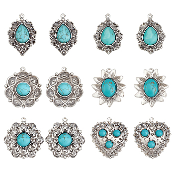 Elite 12Pcs 6Style Tibetan Style Alloy Pendants, with Synthetic Turquoise, Cadmium Free & Lead Free, Teardrop & Flower & Heart & Hexagon Flower , Antique Silver, 34.5x32.5x7mm, Hole: 1.6mm