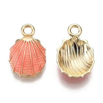 Alloy Enamel Pendants, Light Gold, Shell/Scallop, Light Coral, 19.5x13x4.5mm, Hole: 2.5mm