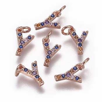 Brass Micro Pave Cubic Zirconia Charms, Letter, Colorful, Rose Gold, Letter.Y, 9.5x6x1.8mm, Hole: 2mm
