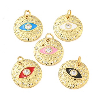 Rack Plating Brass Micro Pave Cubic Zirconia Pendants, Long-Lasting Plated, Cadmium Free & Lead Free, with Enamel, Flat Round & Eye, with Jump Rings, Real 18K Gold Plated, Mixed Color, 18x3.5mm, Hole: 4mm