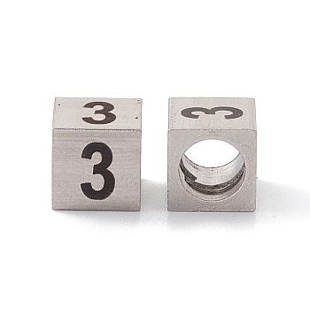 303 Stainless Steel European Beads, Large Hole Beads, Cube with Number, Stainless Steel Color, Num.3, 7x7x7mm, Hole: 5mm