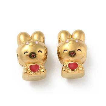 Ion Plating(IP) 304 Stainless Steel Beads, with Enamel, Real 18K Gold Plated, Rabbit, FireBrick, 17.5x11x10mm, Hole: 3mm