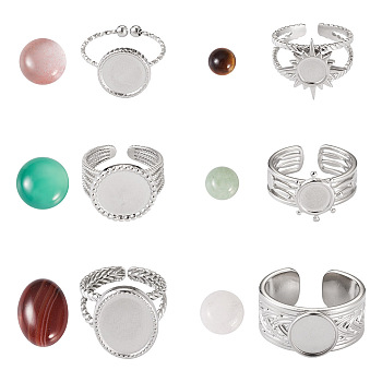 DIY Gemstone Ring Making Kit, Inlcuding Flat Round 304 Stainless Steel Open Cuff Finger Ring Settings, Natural Mixed Stone Half Round Cabochons, 12Pcs/box