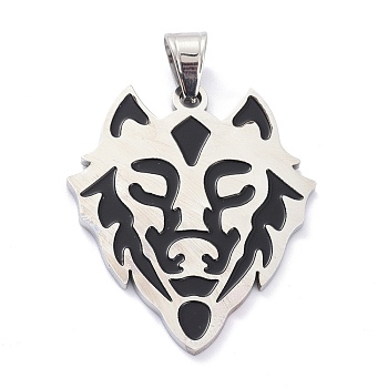 304 Stainless Steel Pendants, with Enamel, Tiger Head, Black, Stainless Steel Color, 40x34x2mm, Hole: 5x8mm