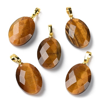 Natural Tiger Eye Pendants, Faceted Oval Charms with Golden Plated Brass Snap on Bails, 21.8x13.4~13.5x6.2mm, Hole: 5.3x3.7mm