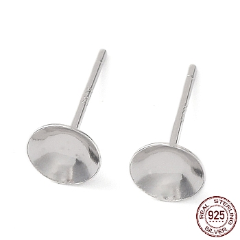 Rhodium Plated 925 Sterling Silver Stud Earring Findings, Flat Round Earring Settings, for Bead, with S925 Stamp, Real Platinum Plated, 12.5x6mm, Pin: 0.7mm