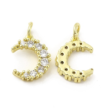 Brass Micro Pave Cubic Zirconia Charms, with Jump Ring, Moon Charm, Golden, 13x10x2.8mm, Hole: 2.5mm