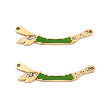 Ion Plating(IP) 304 Stainless Steel Crystal Rhinestone Connector Charms, Bamboo Stick Links with Olive Drab Enamel, Golden, 7.5x30x2mm, Hole: 1.2mm