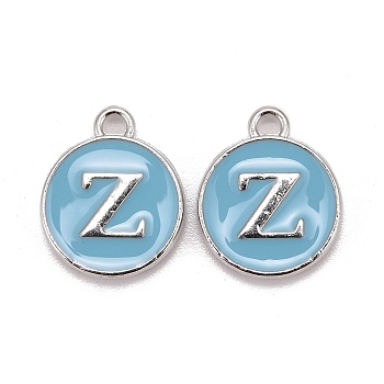 Platinum Plated Alloy Enamel Charms, Cadmium Free & Lead Free, Enamelled Sequins, Flat Round with Letter, Sky Blue, Letter.Z, 14x12x2mm, Hole: 1.5mm