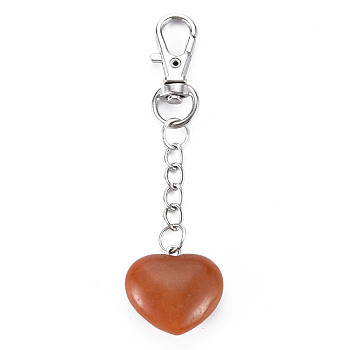 Natural Red Aventurine Keychain, with Brass Lobster Claw Clasps and Iron Chains, Heart, Platinum, 80~86mm