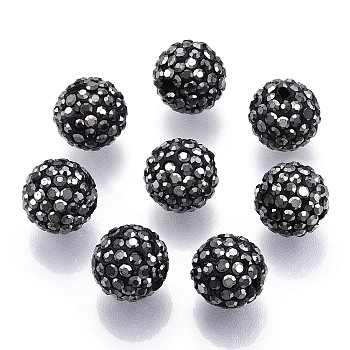 Polymer Clay Pave Rhinestone Beads, Disco Ball Beads, Black, PP15(2.1~2.2mm), 6 Rows Rhinestone, 12mm, Hole: 1.5mm