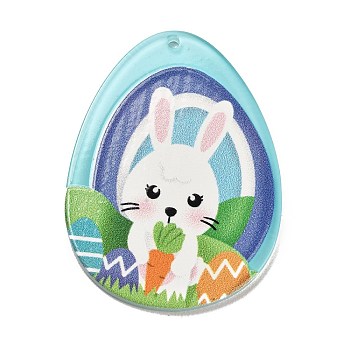 Easter Printed Transparent Acrylic Pendants, Egg with Rabbit, Light Sky Blue, 42.5x31.5x2.5mm, Hole: 1.6mm