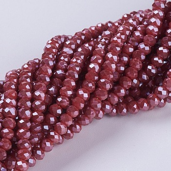 Electroplate Glass Beads Strands, Pearl Luster Plated, Faceted, Rondelle, FireBrick, 3~3.5x2~2.5mm, Hole: 0.8mm, about 135~140pcs/strand, 14.6 inch(37cm)