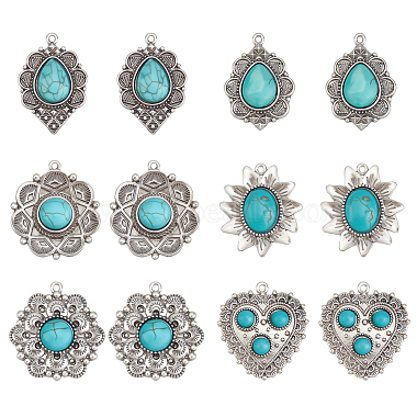 Antique Silver Flower Synthetic Turquoise Pendants