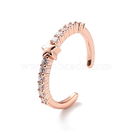 Star Rack Plating Brass Micro Pave Clear Cubic Zirconia Open Rings, Long-Lasting Plated Cuff Ring for Women, Lead Free & Cadmium Free, Rose Gold, Inner Diameter: 15.3mm(RJEW-D020-11RG)