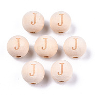 Unfinished Natural Wood European Beads, Large Hole Beads, Laser Engraved Pattern, Round with Word, Letter.J, 15~16x14~15mm, Hole: 4mm(WOOD-S045-143A-01J)