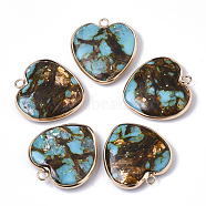 Assembled Bronzite and Synthetic Regalite/Imperial Jasper/Sea Sediment Jasper Pendants, with Edge Golden Plated Brass Findings, Dyed, Heart, Sky Blue, 27~28x26x6mm, Hole: 2mm(G-S366-038A)