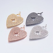 Brass Micro Pave Cubic Zirconia Pendants, Heart, Mixed Color, 48x34x2mm, Hole: 4mm(ZIRC-G138-16)