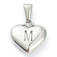 304 Stainless Steel Pendants, Heart with Black Letter, Stainless Steel Color, Letter.M, 16x16x4.5mm, Hole: 7x3mm(X-STAS-P278-01M-P)
