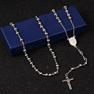 201 Stainless Steel Rosary Bead Necklaces, with Crucifix Cross Pendant, For Easter, Stainless Steel Color, 27.6 inch(70cm)(NJEW-L427-22P)