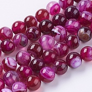 Natural Striped Agate/Banded Agate Beads Strands, Dyed, Round, Medium Violet Red, 10mm, Hole: 1.2mm, about 38pcs/strand, 15.75 inch(G-G582-10mm-09)