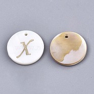 Natural Freshwater Shell Pendants, with Golden Plated Brass Etched Metal Embellishments, Flat Round with Letter, Letter.X, 15x2mm, Hole: 1.2mm(SHEL-N027-04X)