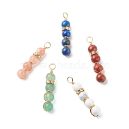 Natural Mixed Gemstone Pendants, with Golden Tone Copper Wire Wrapped and Brass Crystal Rhinestone Spacer Beads, Round Charm, Mixed Dyed and Undyed, 32x6.5mm, Hole: 3mm(PALLOY-JF01893)