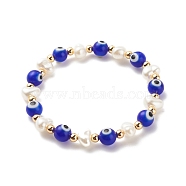 Lampwork Evil Eye & Plastic Pearl & Brass Stretch Bracelet for Women, Blue, Inner Diameter: 2-1/8 inch(5.5cm)(BJEW-JB08386-03)